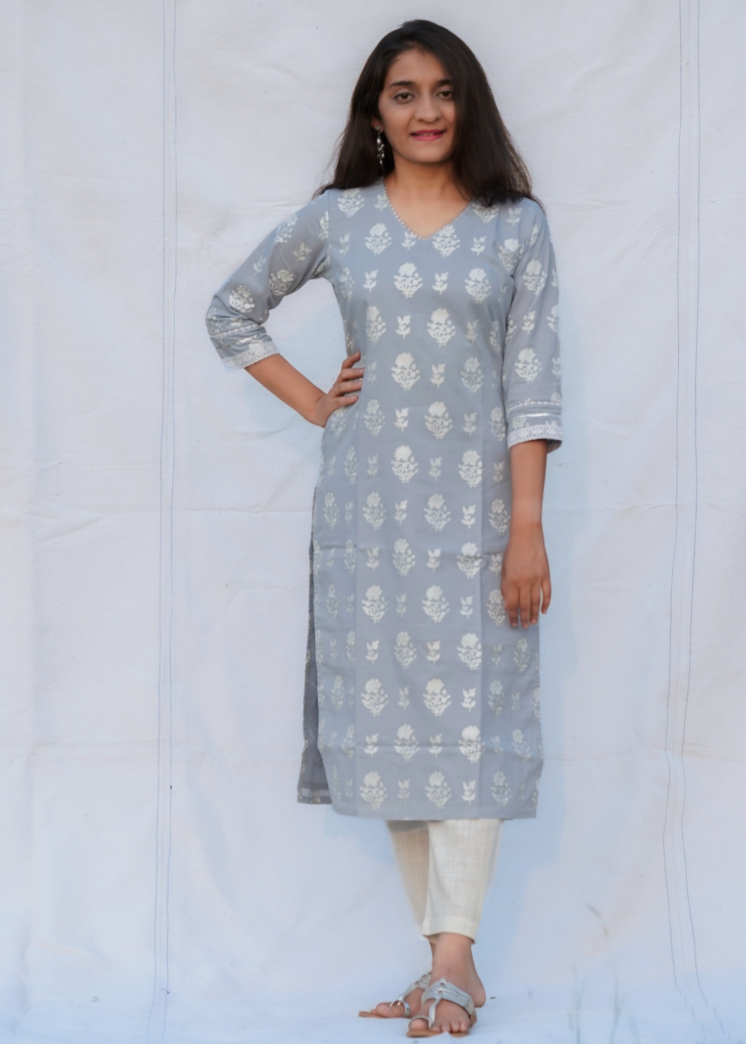 Silver Lining Silver Floral Straight Cut Cotton Kurta