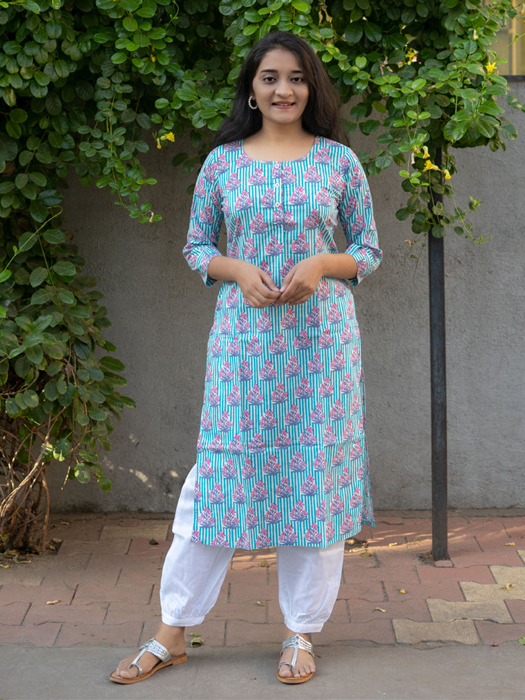 Dewdrops Blue Floral Straight Cut Cotton Kurta