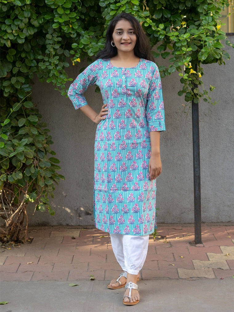 Dewdrops Blue Floral Straight Cut Cotton Kurta