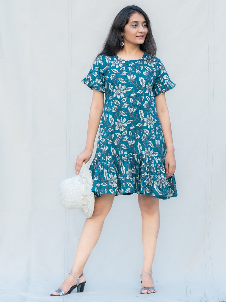 Marine Navy Blue Floral Cotton Knee Length Dress