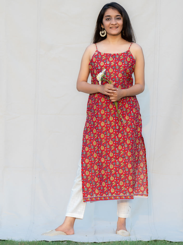 Scarlet Red Floral Spaghetti Straight and Strap Cotton Kurta