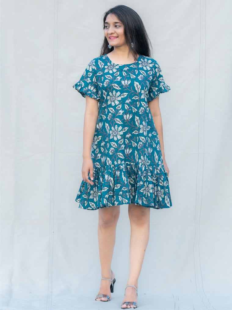 Marine Navy Blue Floral Cotton Knee Length Dress