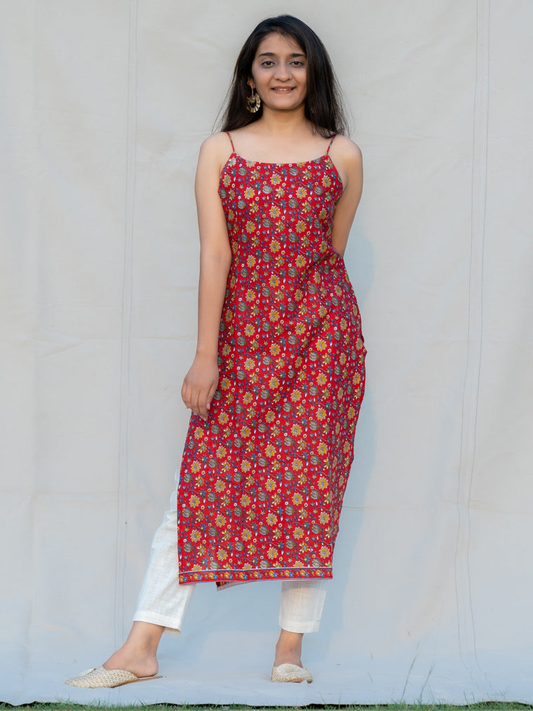 Scarlet Red Floral Spaghetti Straight and Strap Cotton Kurta