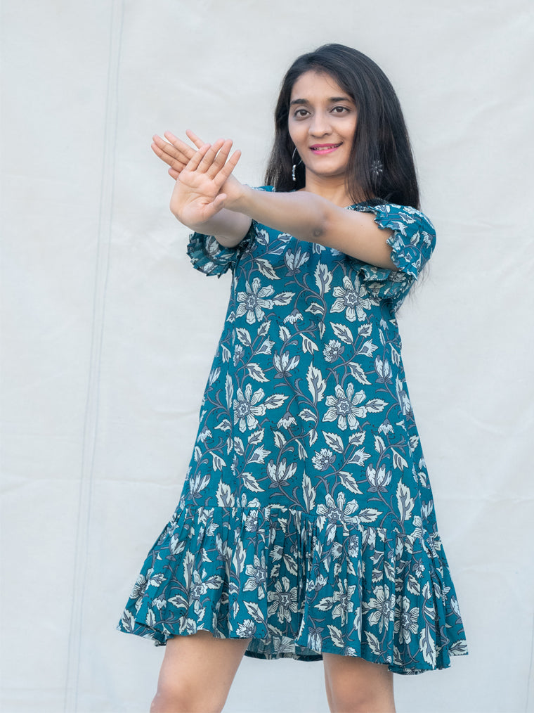 Marine Navy Blue Floral Cotton Knee Length Dress