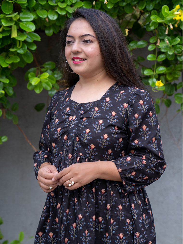 Ragini Black Floral Cotton Knee Length Dress