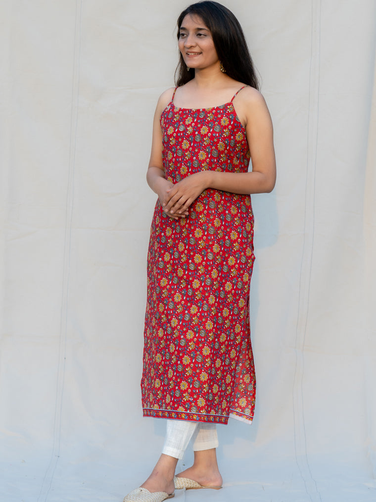 Scarlet Red Floral Spaghetti Straight and Strap Cotton Kurta