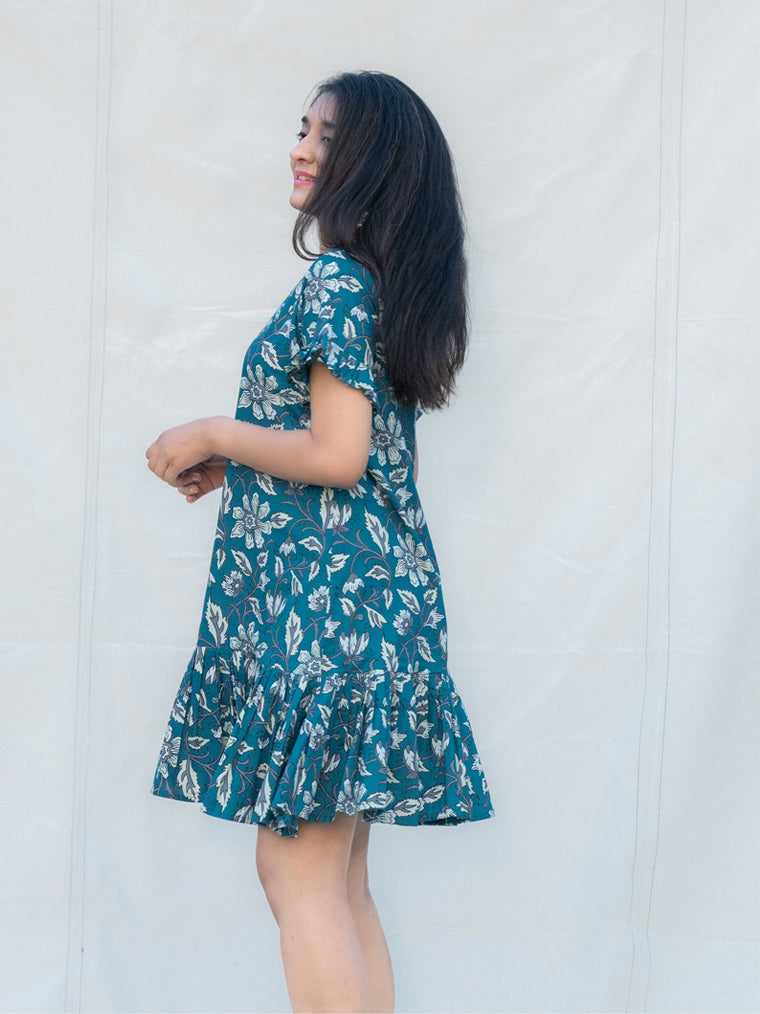 Marine Navy Blue Floral Cotton Knee Length Dress