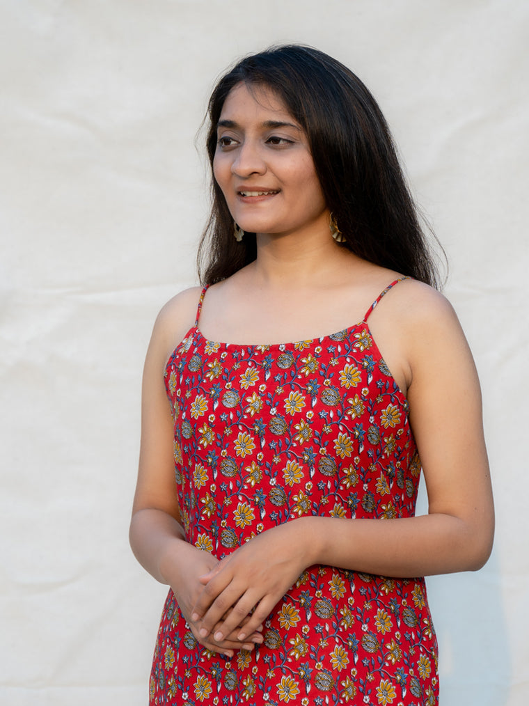 Scarlet Red Floral Spaghetti Straight and Strap Cotton Kurta