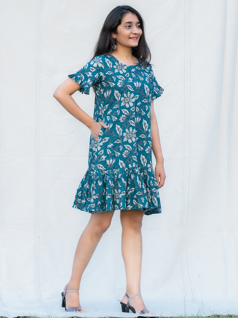 Marine Navy Blue Floral Cotton Knee Length Dress
