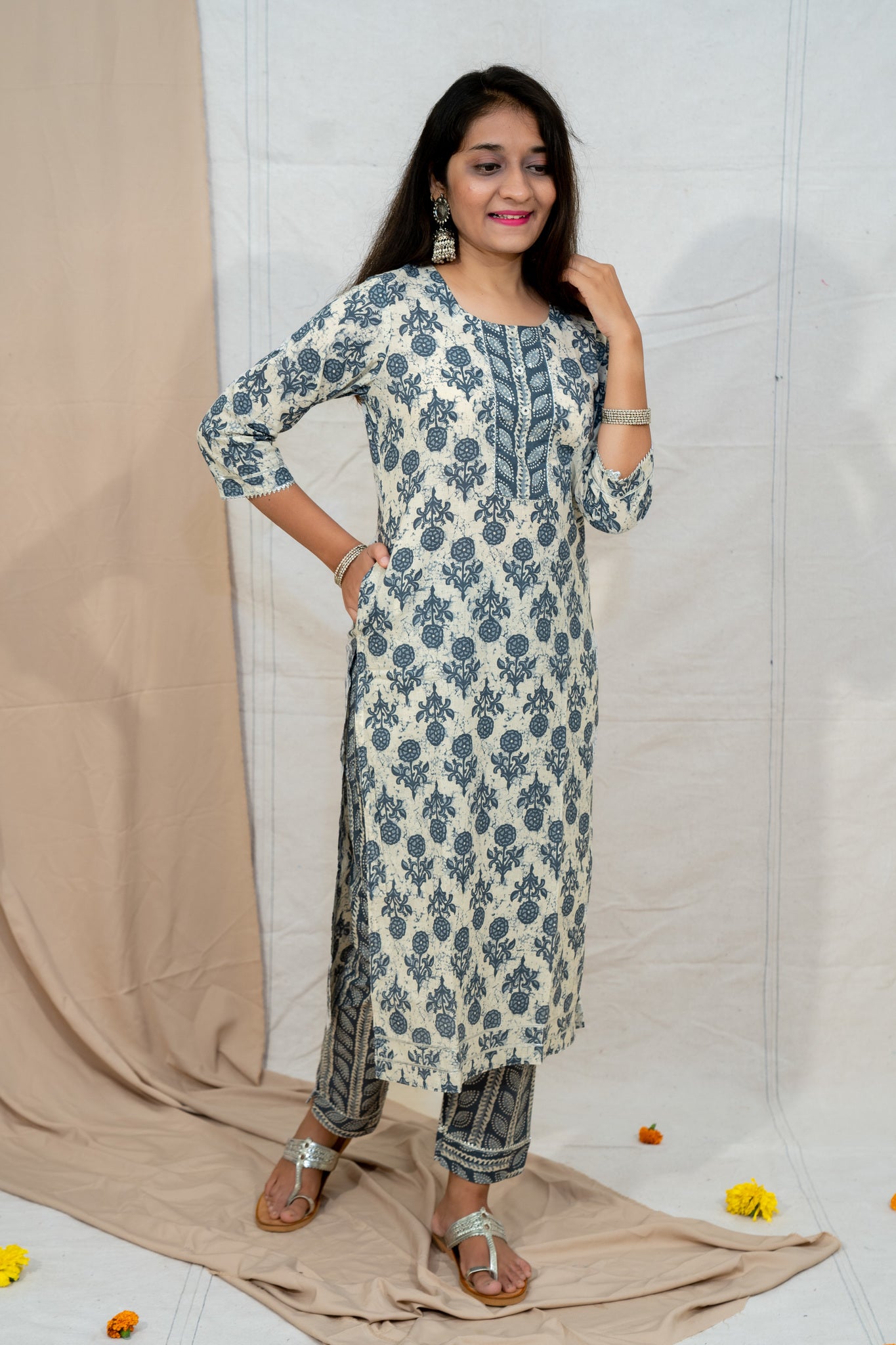 Needle & Thread Grey Cotton Kurta and Pant Set