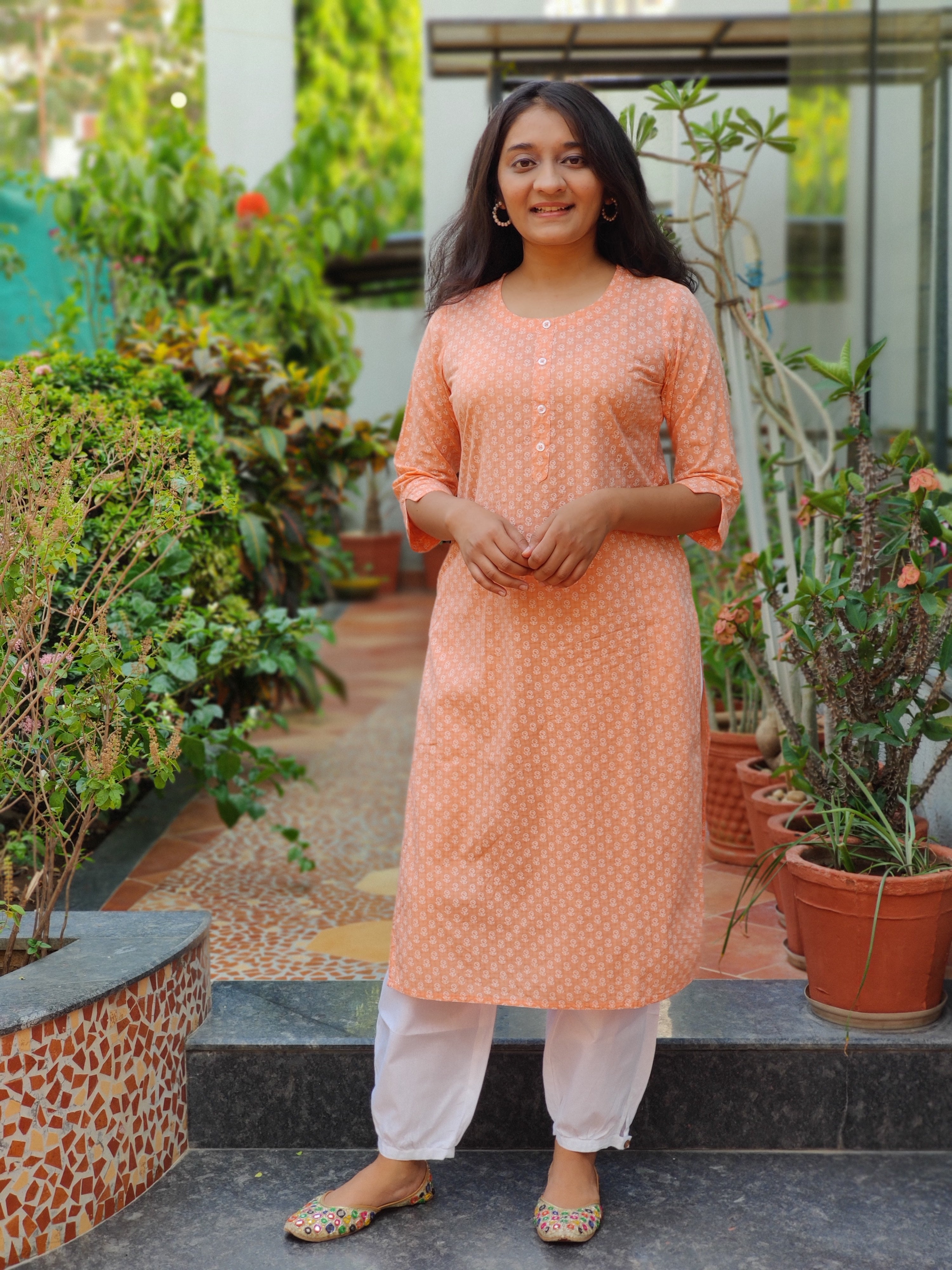 Tangerine Orange Floral Straight Cut Cotton Kurta