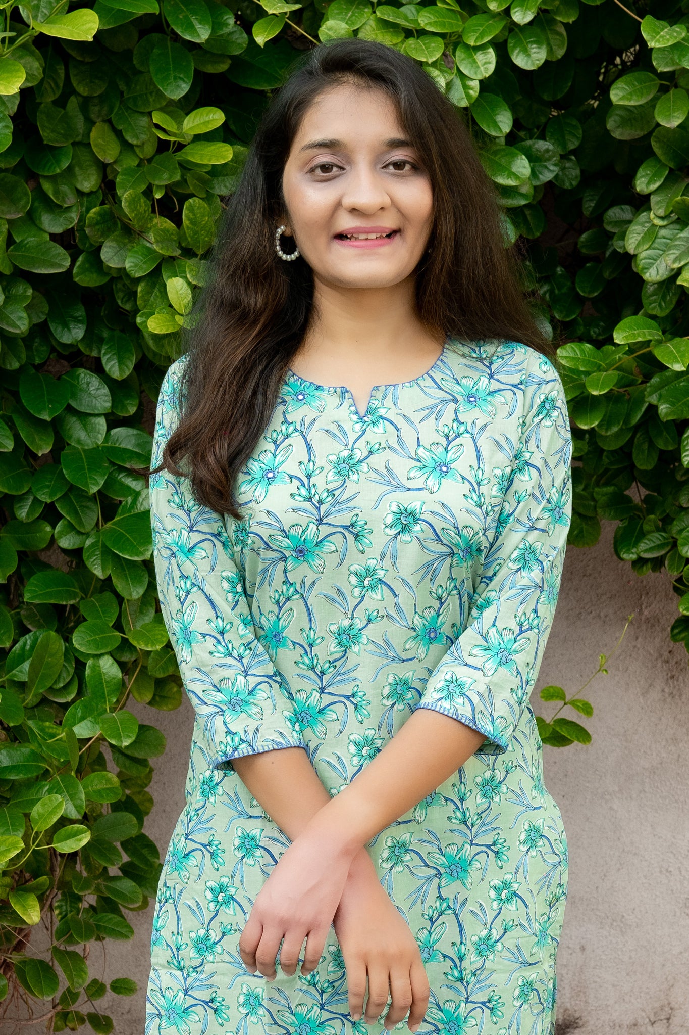 Suhana Turquoise Floral Straight Cut Cotton Kurta