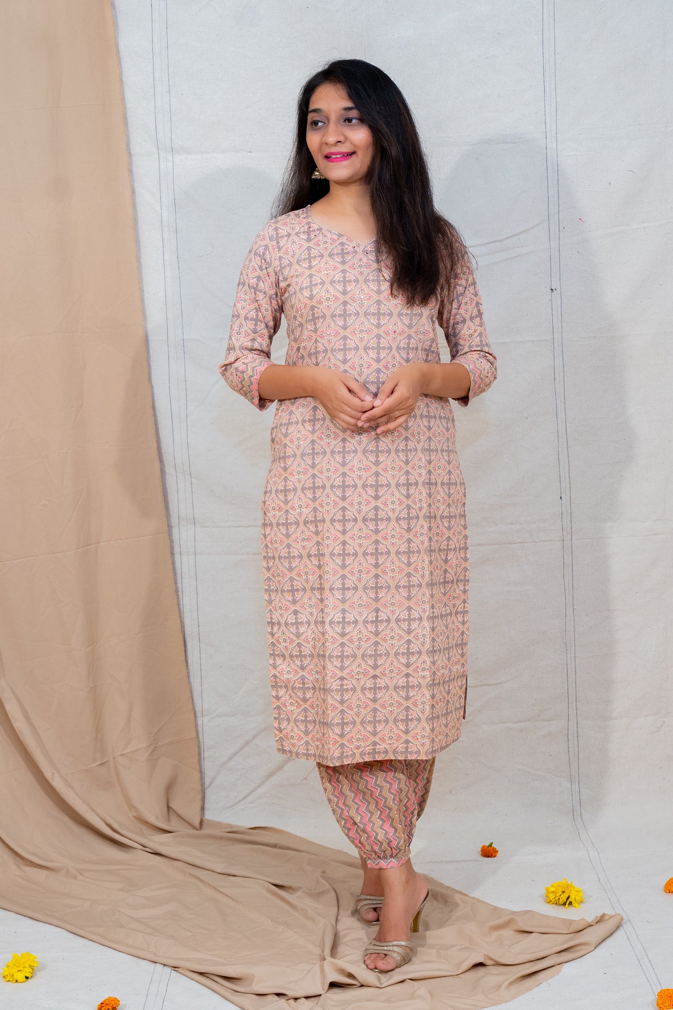 Sand & Beach Beige Cotton Kurta and Salwar Set