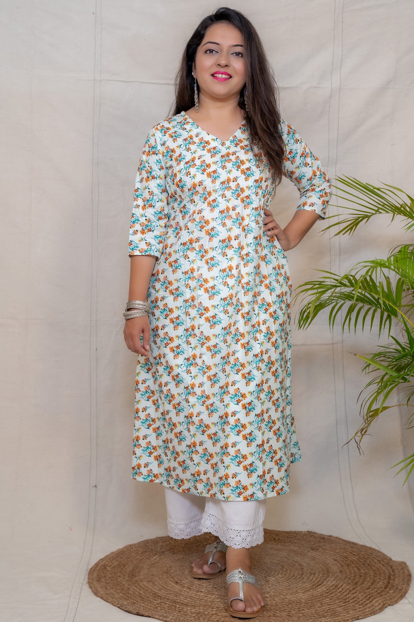 Morning Glory Off White Floral A Line Cotton Kurta