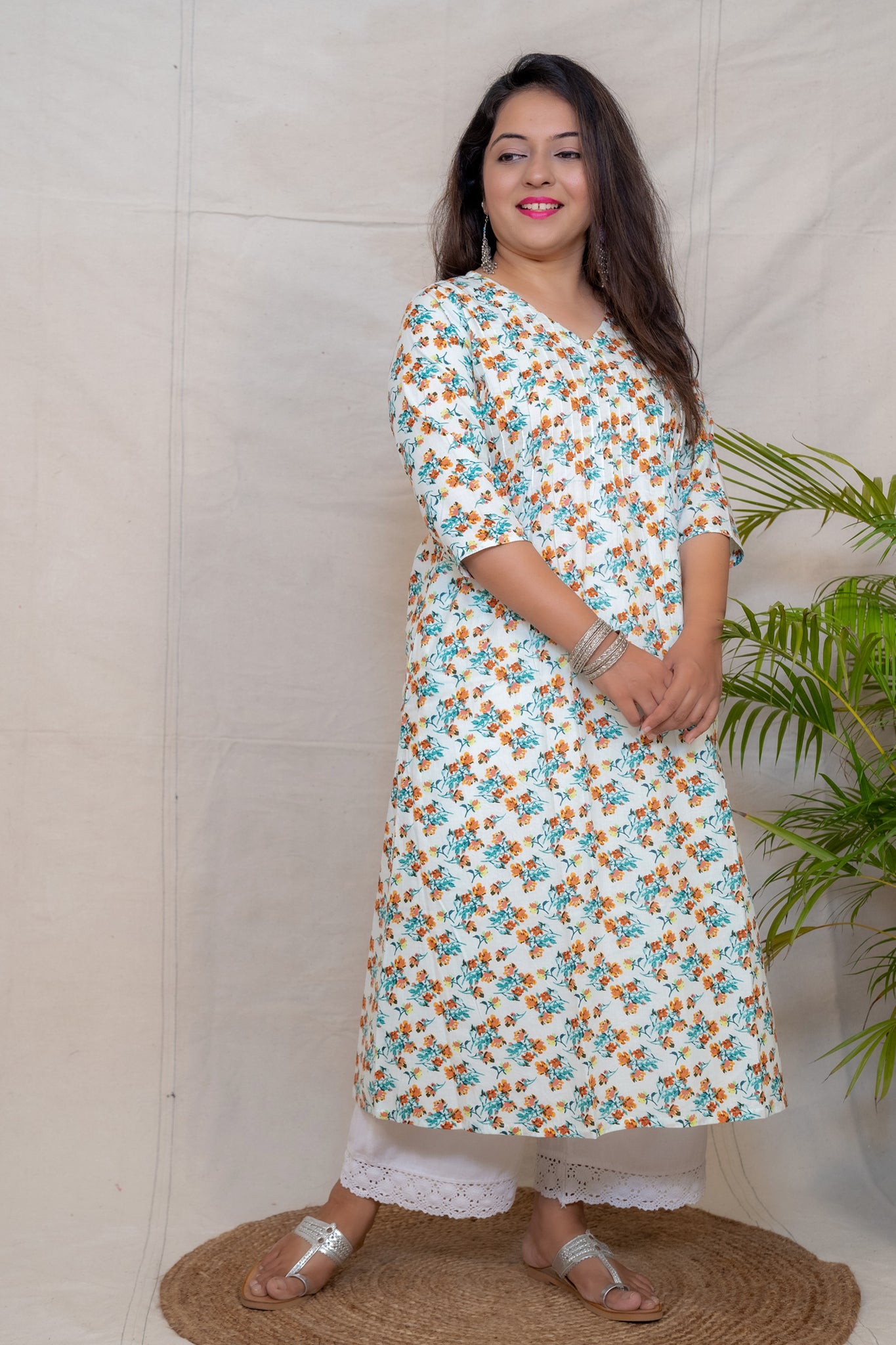 Morning Glory Off White Floral A Line Cotton Kurta