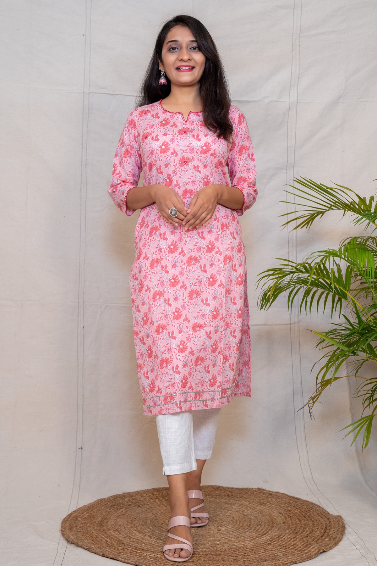 Meadowsweet Pink Floral Straight Cut Cotton Kurta
