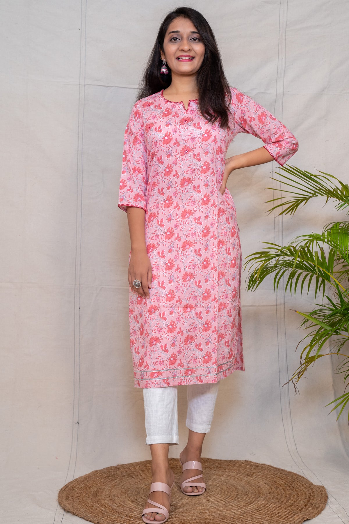 Meadowsweet Pink Floral Straight Cut Cotton Kurta