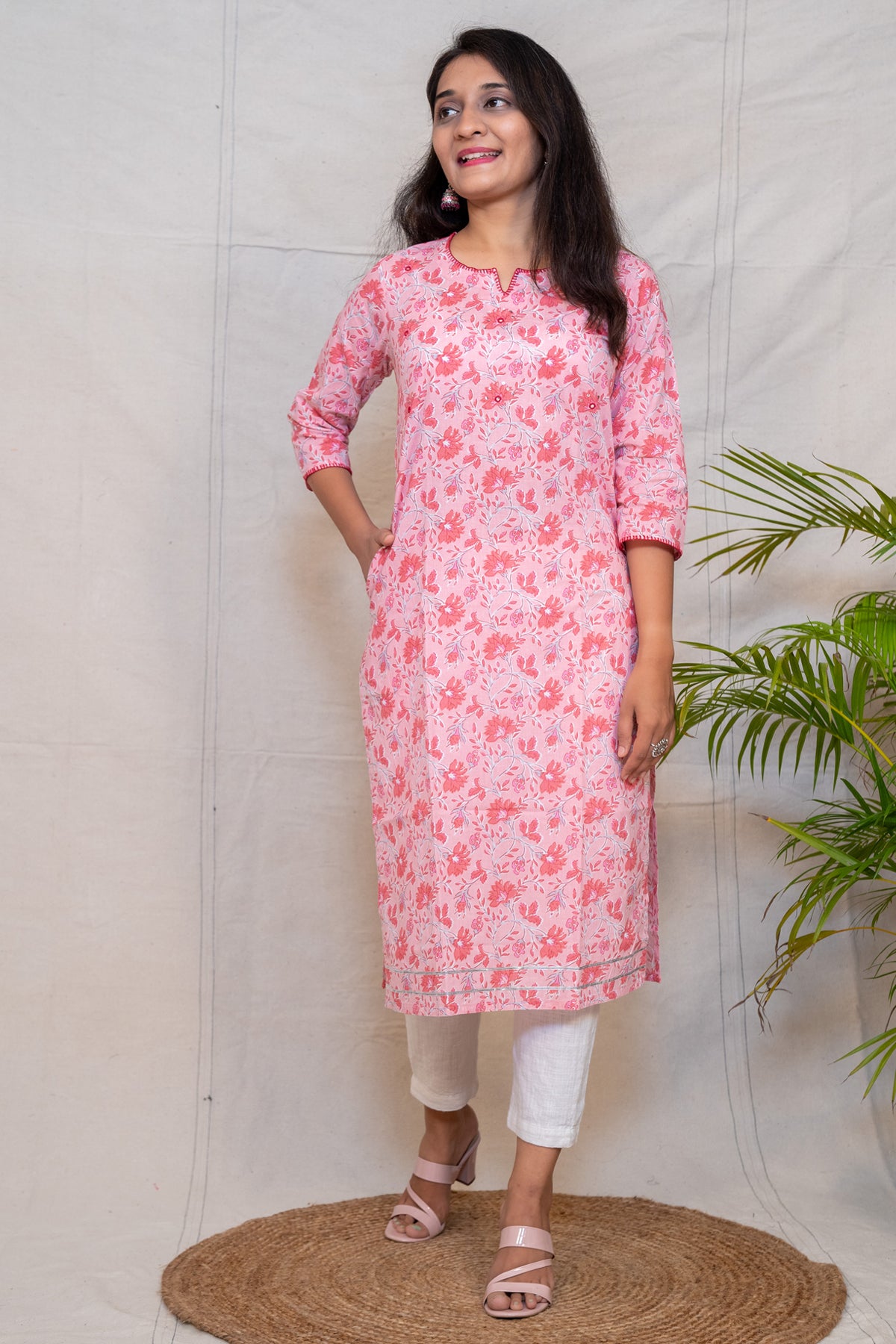 Meadowsweet Pink Floral Straight Cut Cotton Kurta