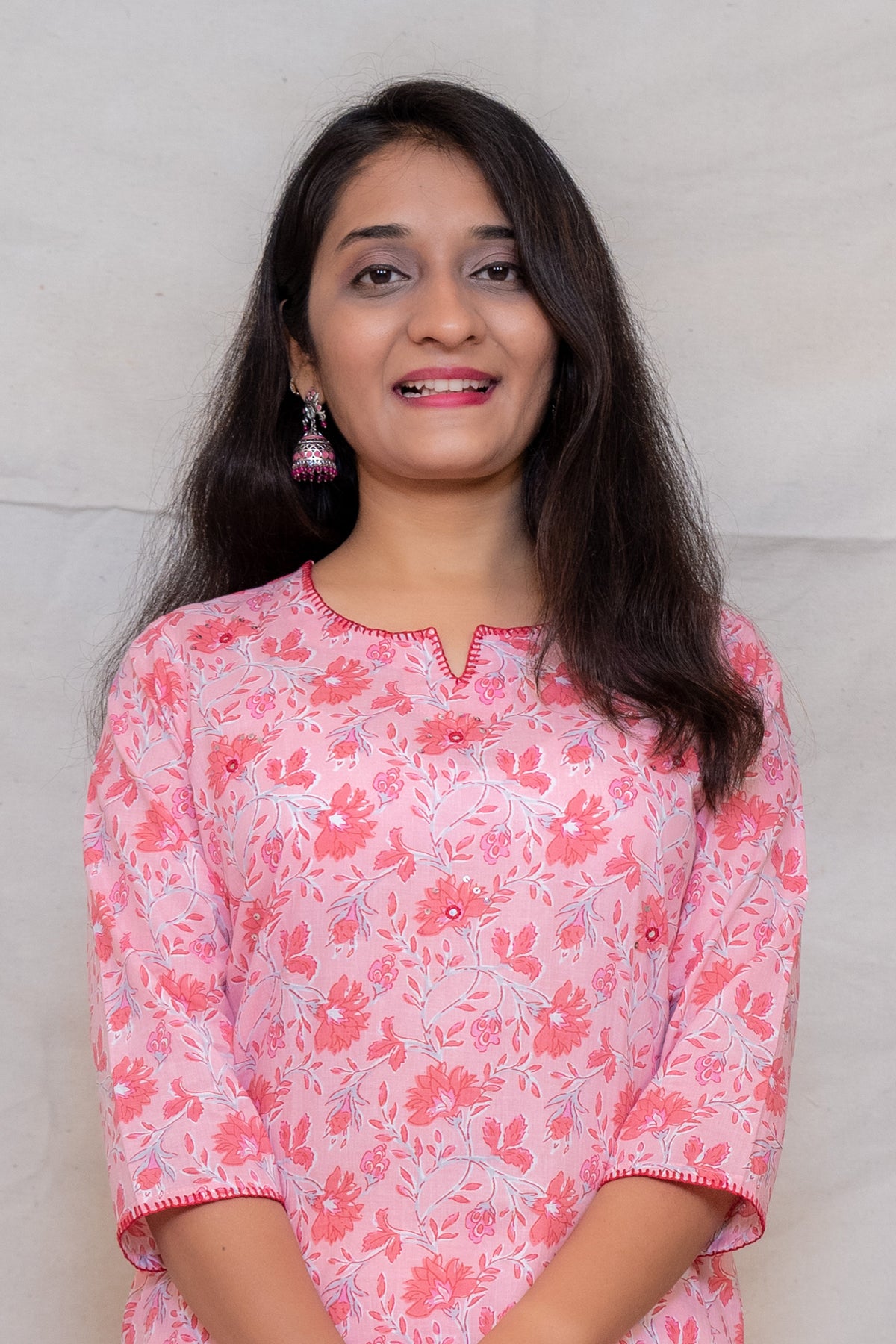 Meadowsweet Pink Floral Straight Cut Cotton Kurta