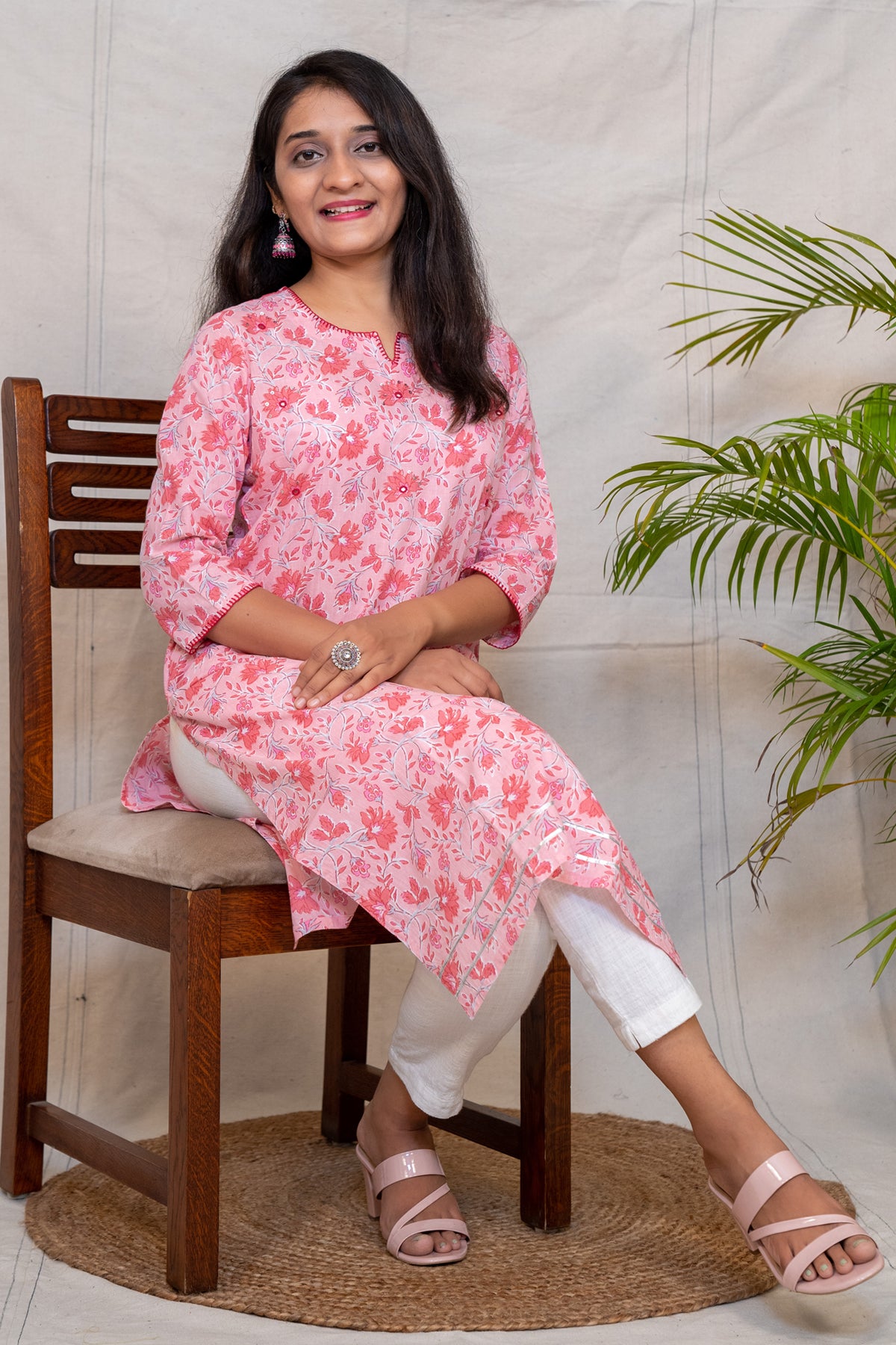 Meadowsweet Pink Floral Straight Cut Cotton Kurta