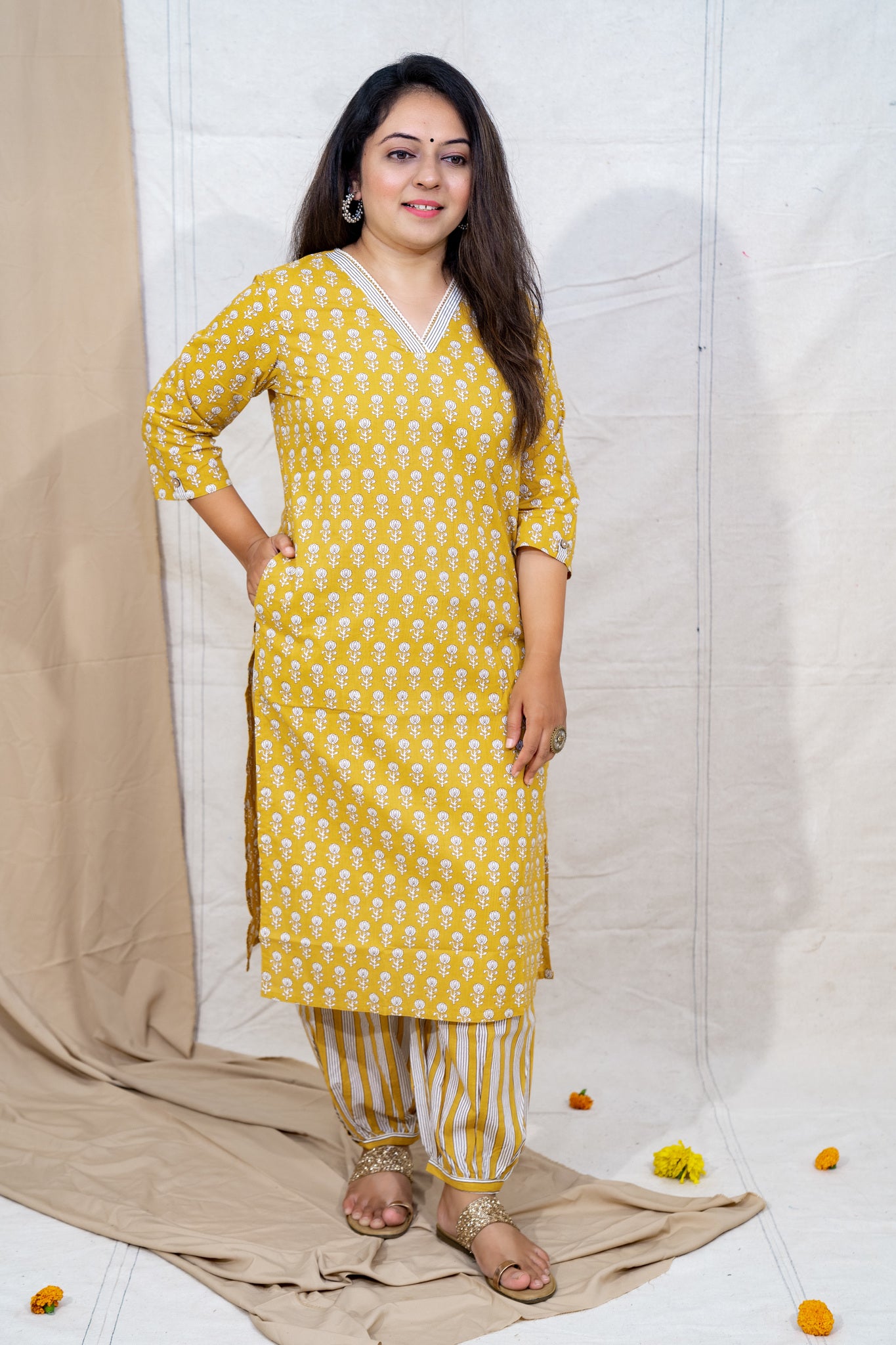 Tea & Toast Ochre Cotton Kurta and Salwar Set
