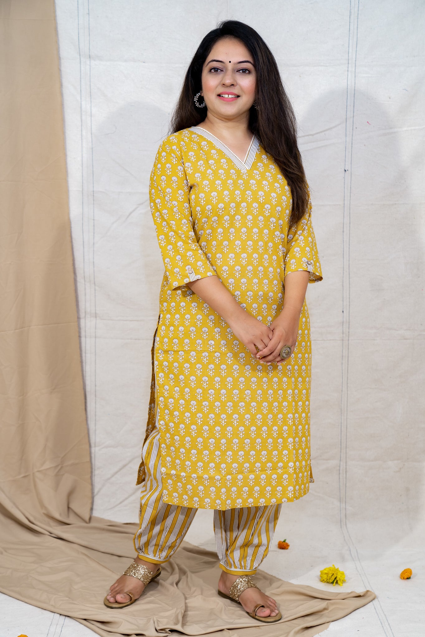 Tea & Toast Ochre Cotton Kurta and Salwar Set