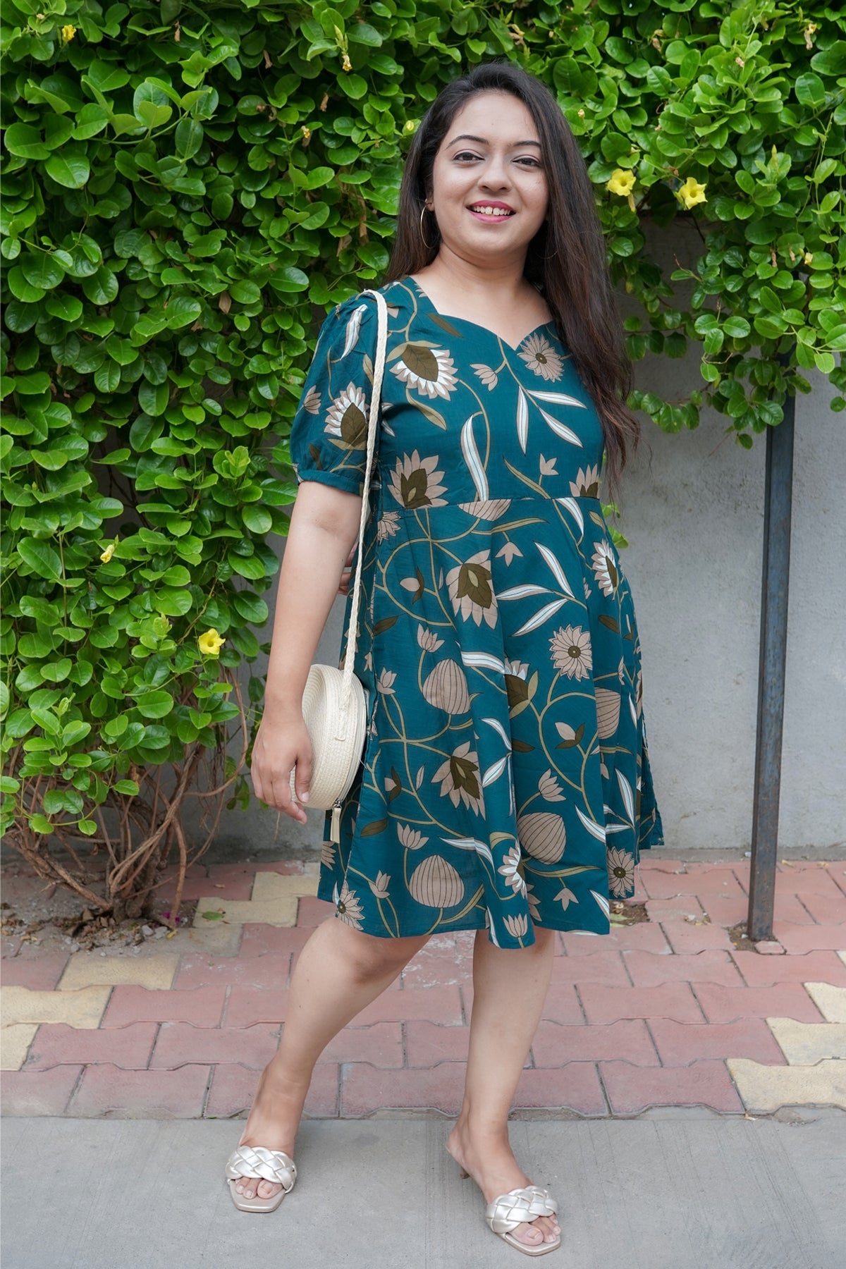 Oasis Dark Blue Floral Cotton Knee Length Dress