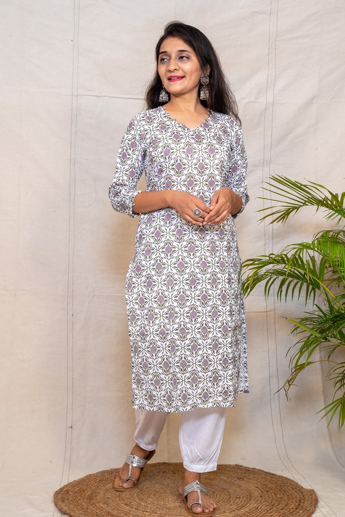 Orchid Purple Floral Straight Cut Cotton Kurta