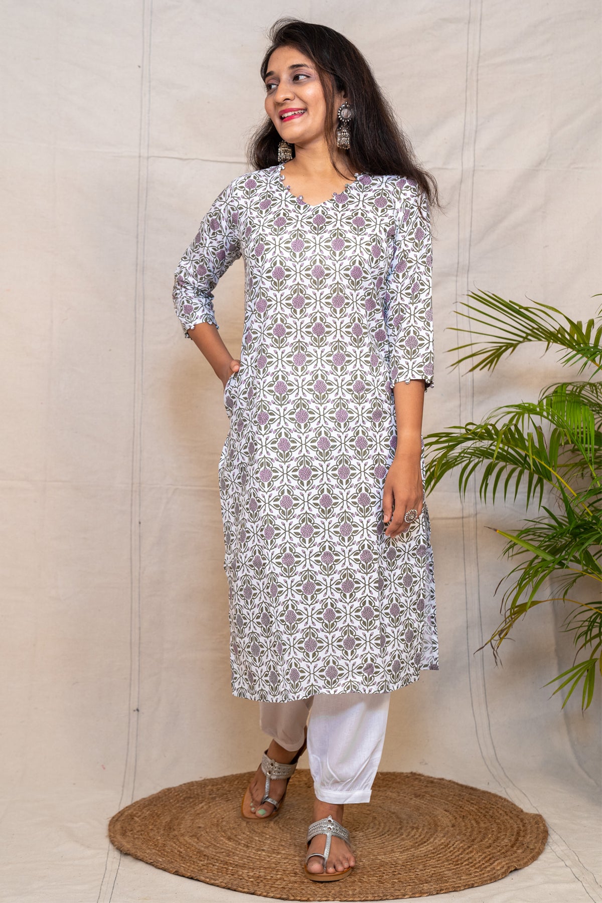 Orchid Purple Floral Straight Cut Cotton Kurta