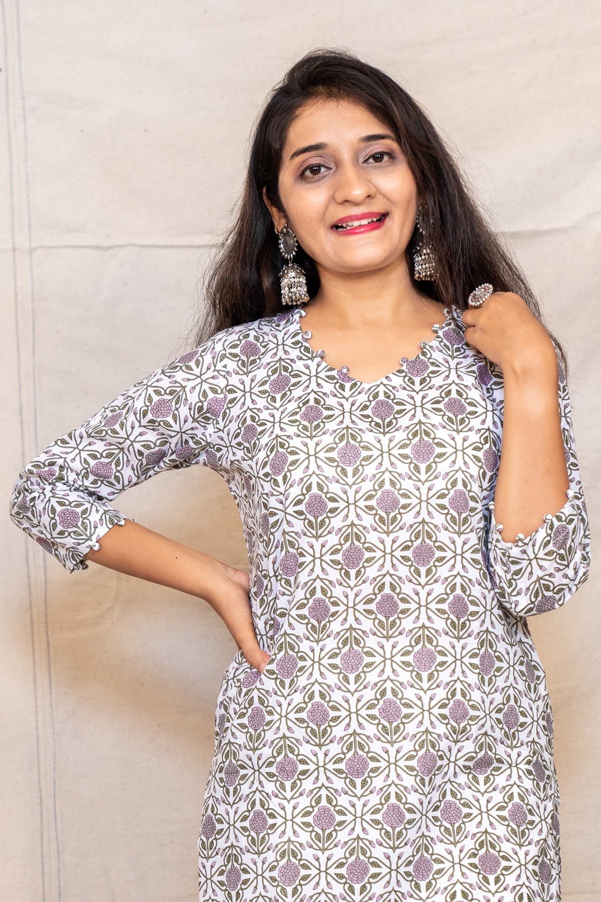 Orchid Purple Floral Straight Cut Cotton Kurta