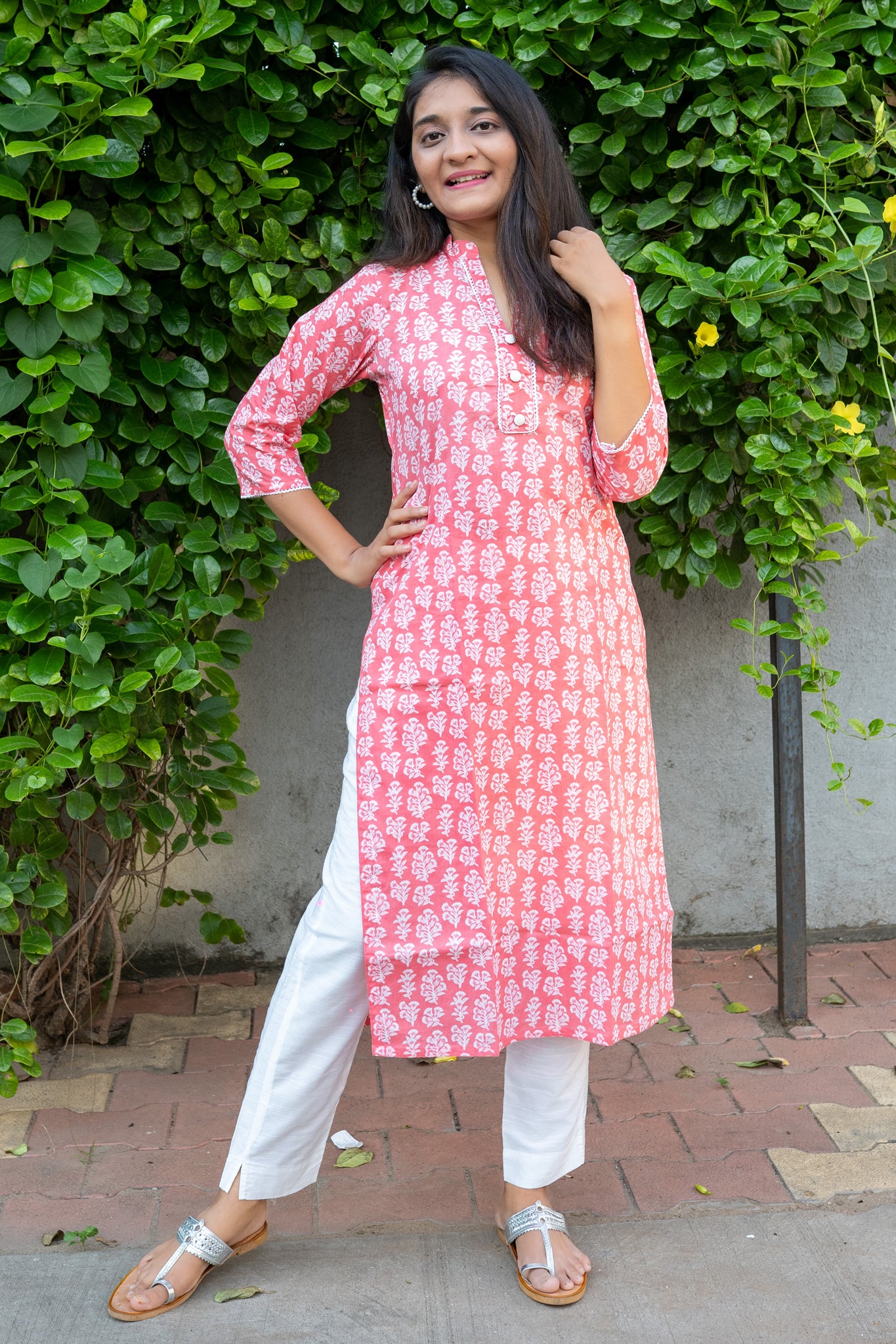 Carnation Pink Floral Straight Cut Cotton Kurta
