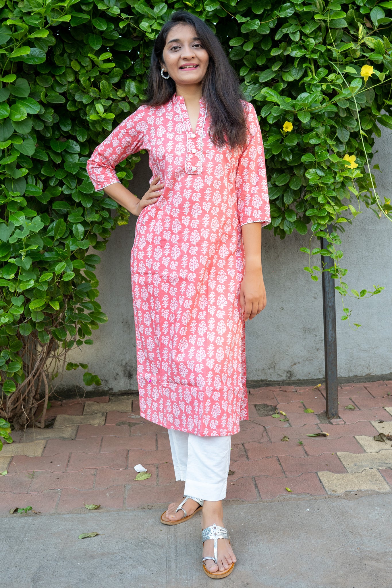 Carnation Pink Floral Straight Cut Cotton Kurta