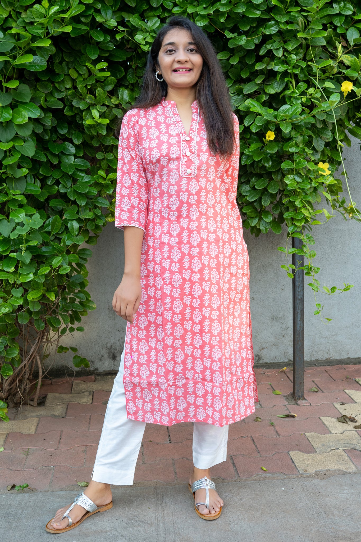 Carnation Pink Floral Straight Cut Cotton Kurta