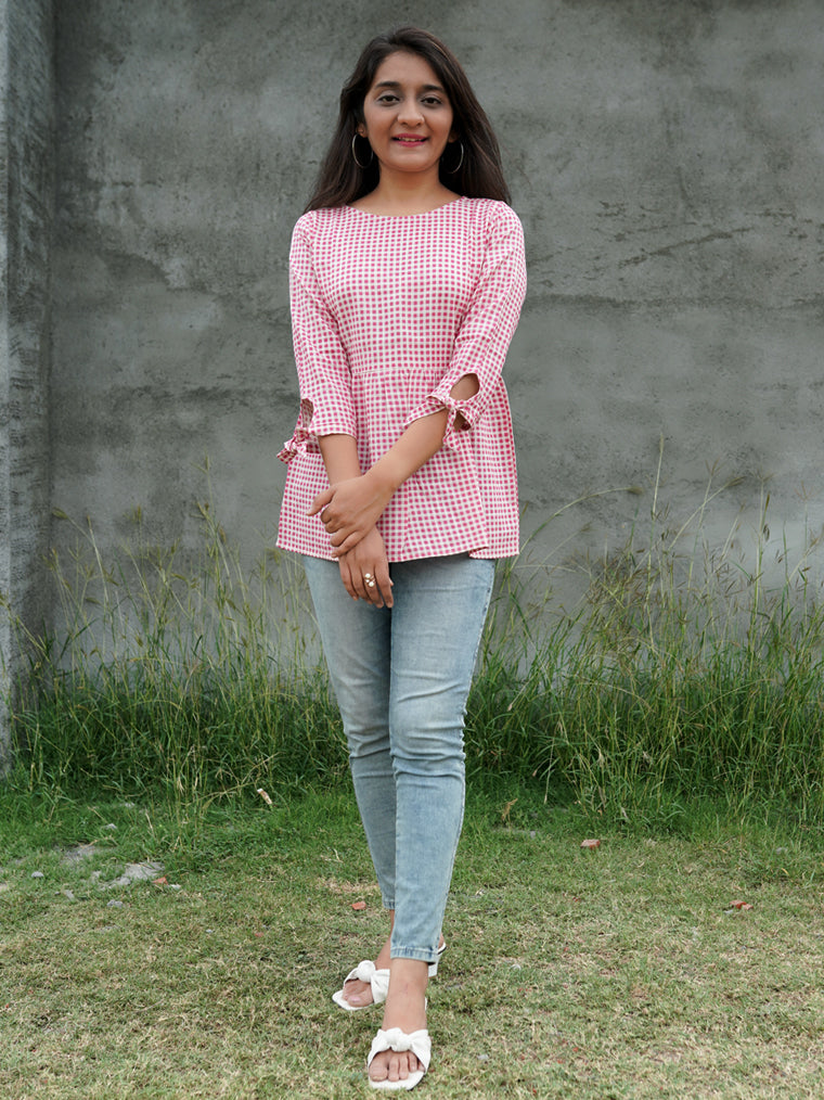 Ribbon Pink Checks Print Cotton Top