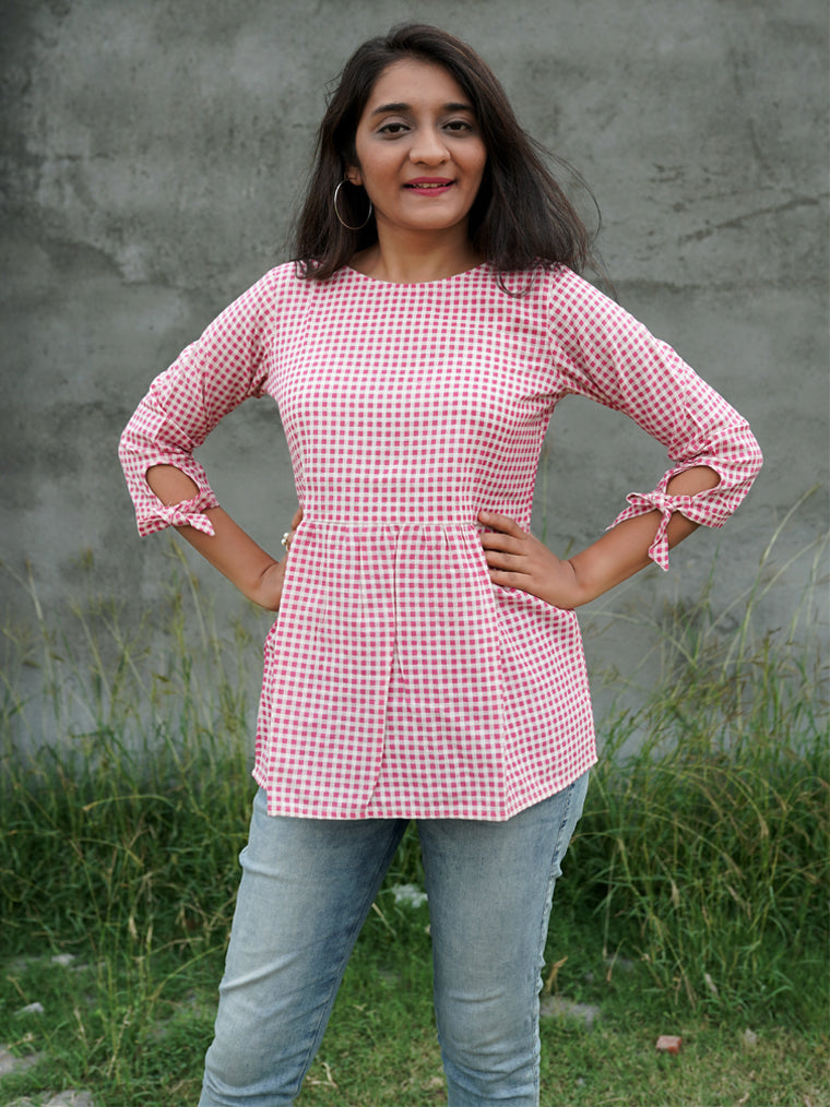 Ribbon Pink Checks Print Cotton Top