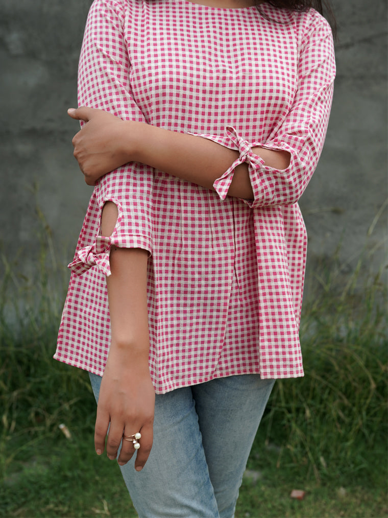 Ribbon Pink Checks Print Cotton Top