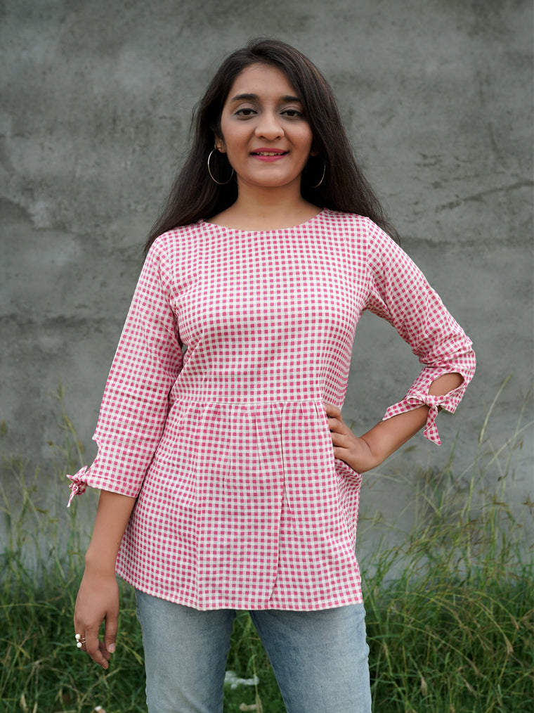 Ribbon Pink Checks Print Cotton Top