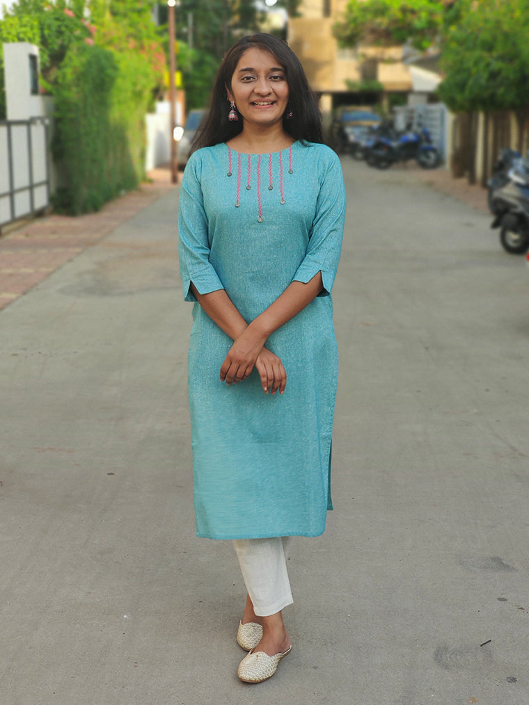 Twinkle Sky Blue Straight Cut Cotton Kurta