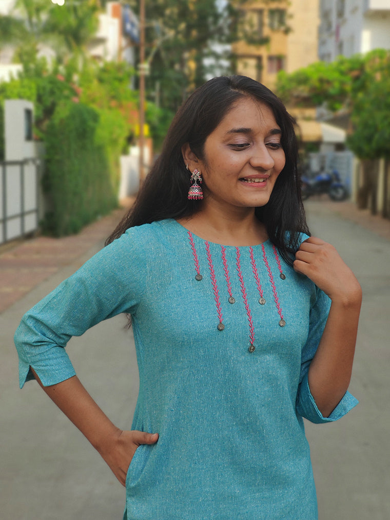 Twinkle Sky Blue Straight Cut Cotton Kurta