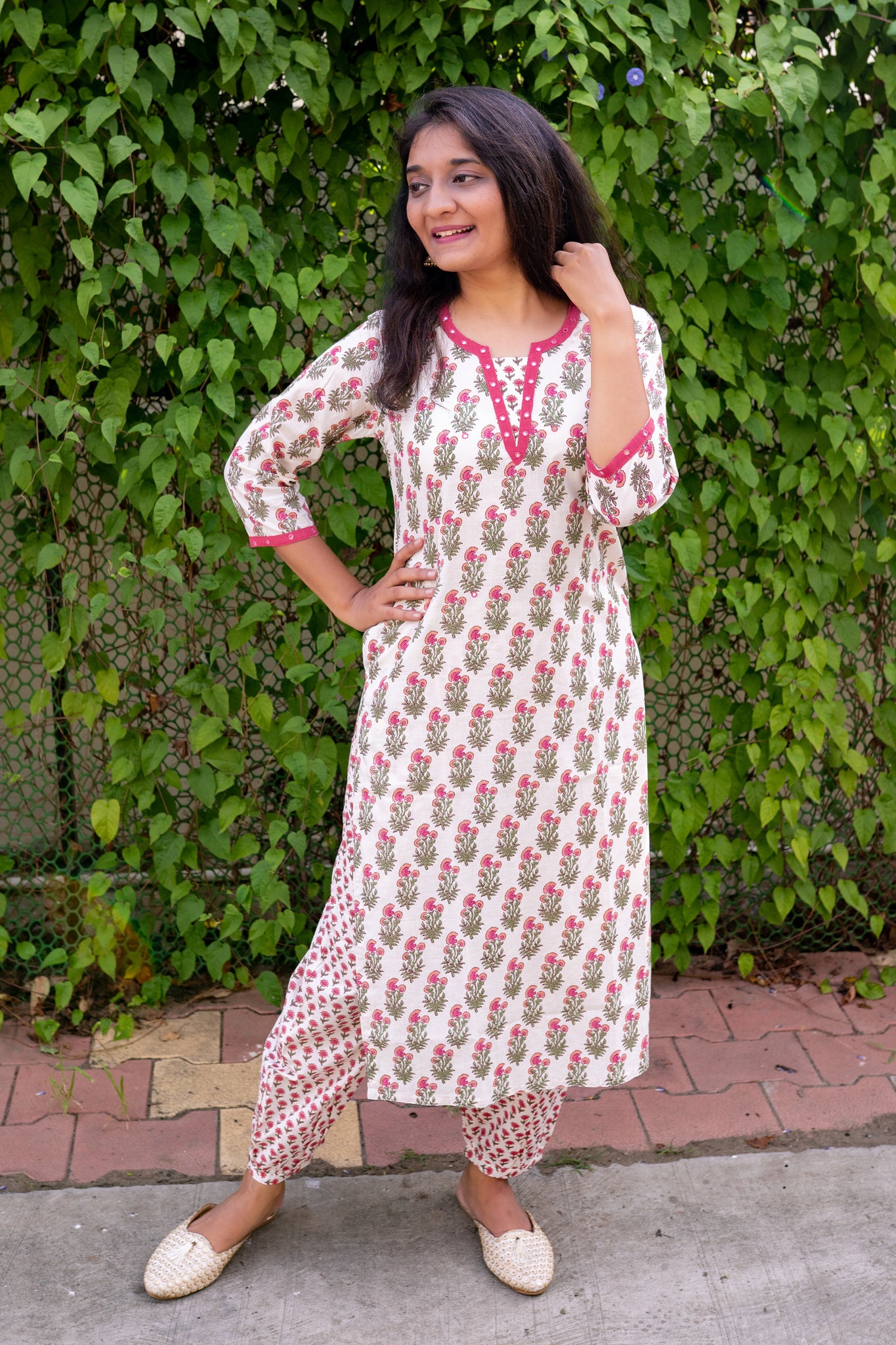 Flower Butterfly Pink Cotton Kurta and Salwar Set