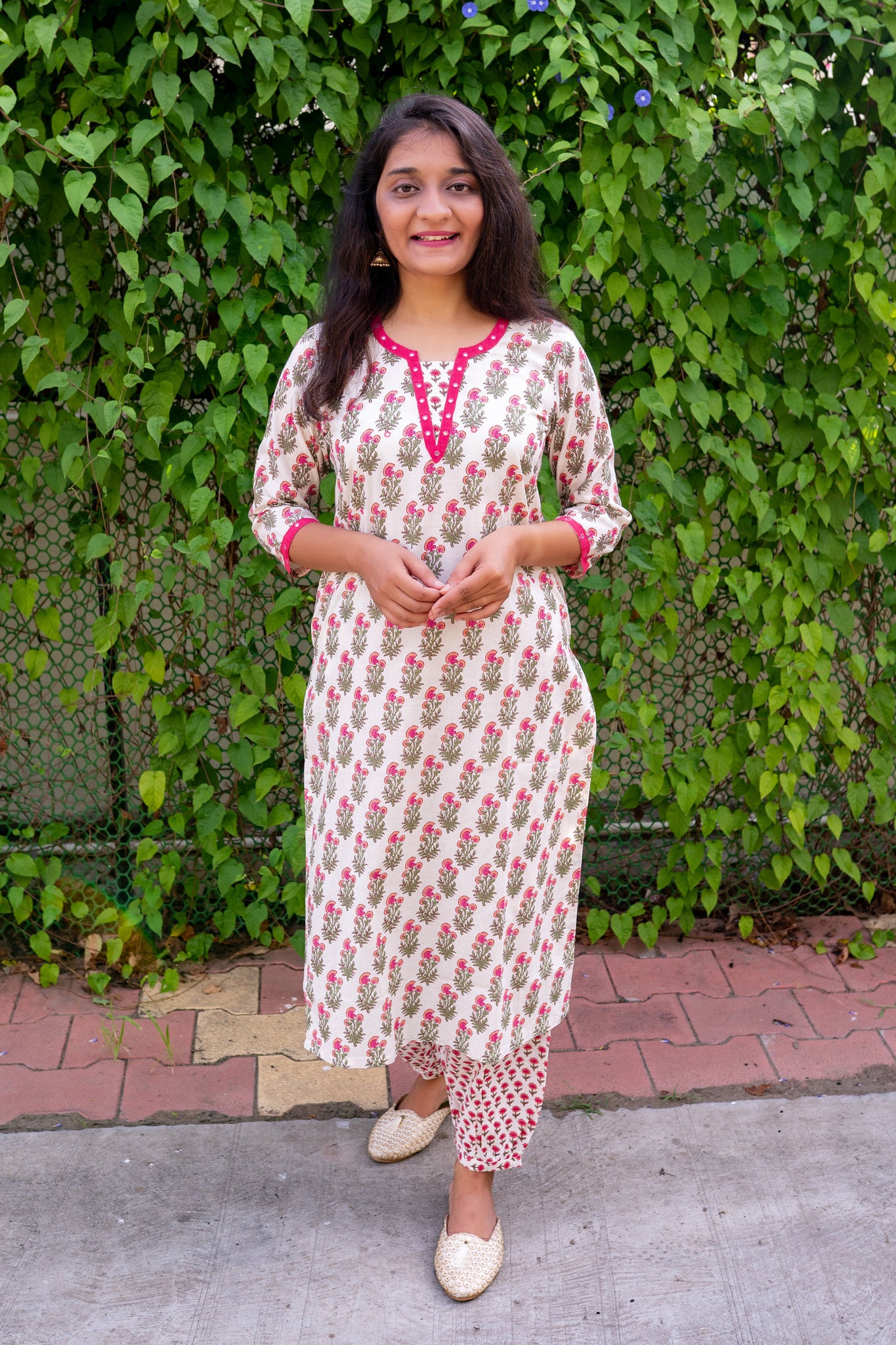 Flower Butterfly Pink Cotton Kurta and Salwar Set