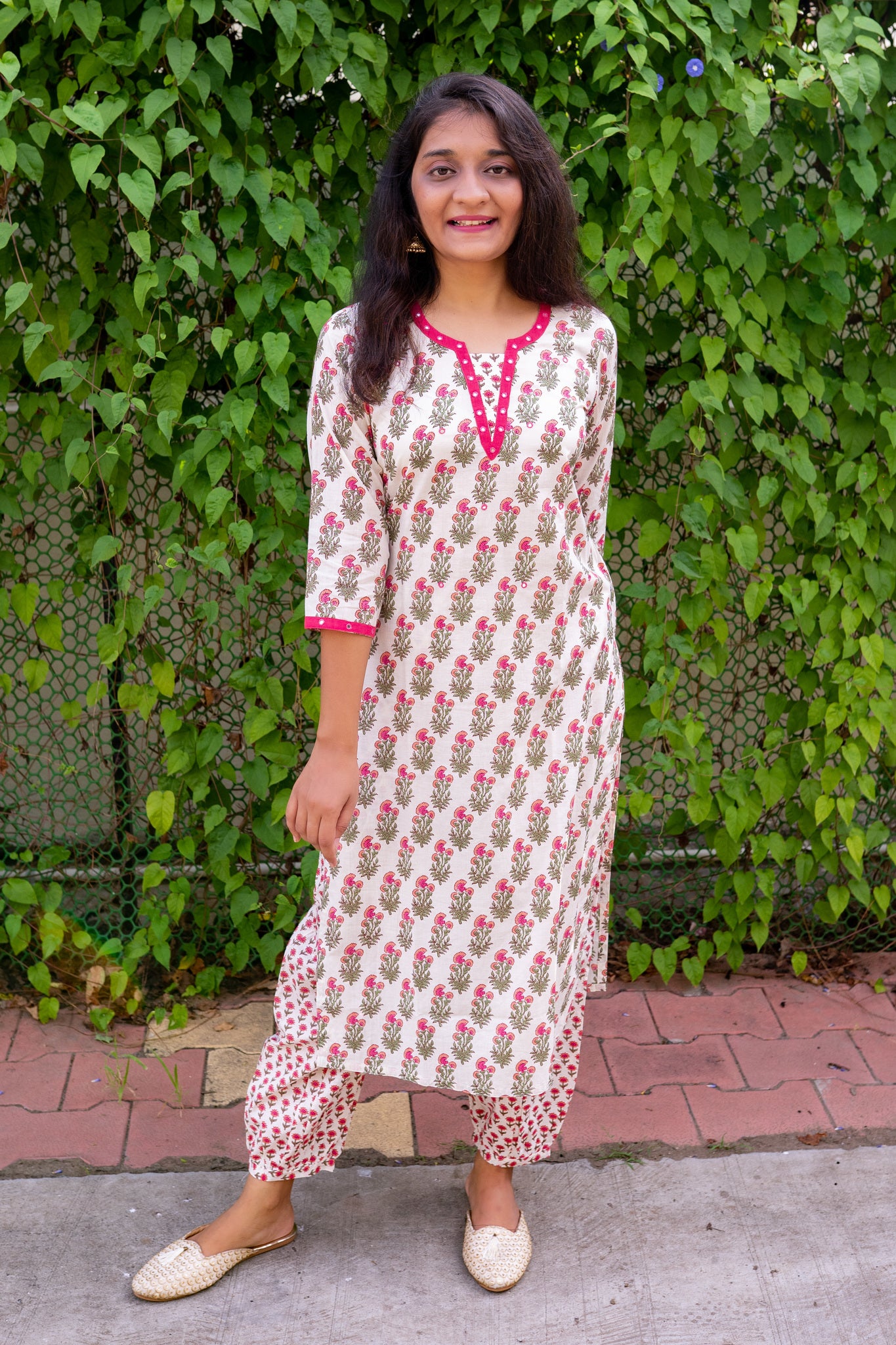 Flower Butterfly Pink Cotton Kurta and Salwar Set