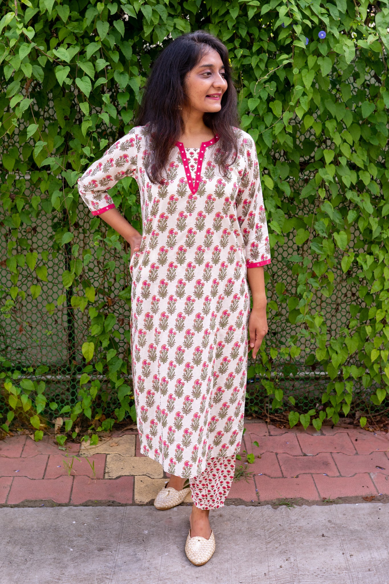 Flower Butterfly Pink Cotton Kurta and Salwar Set