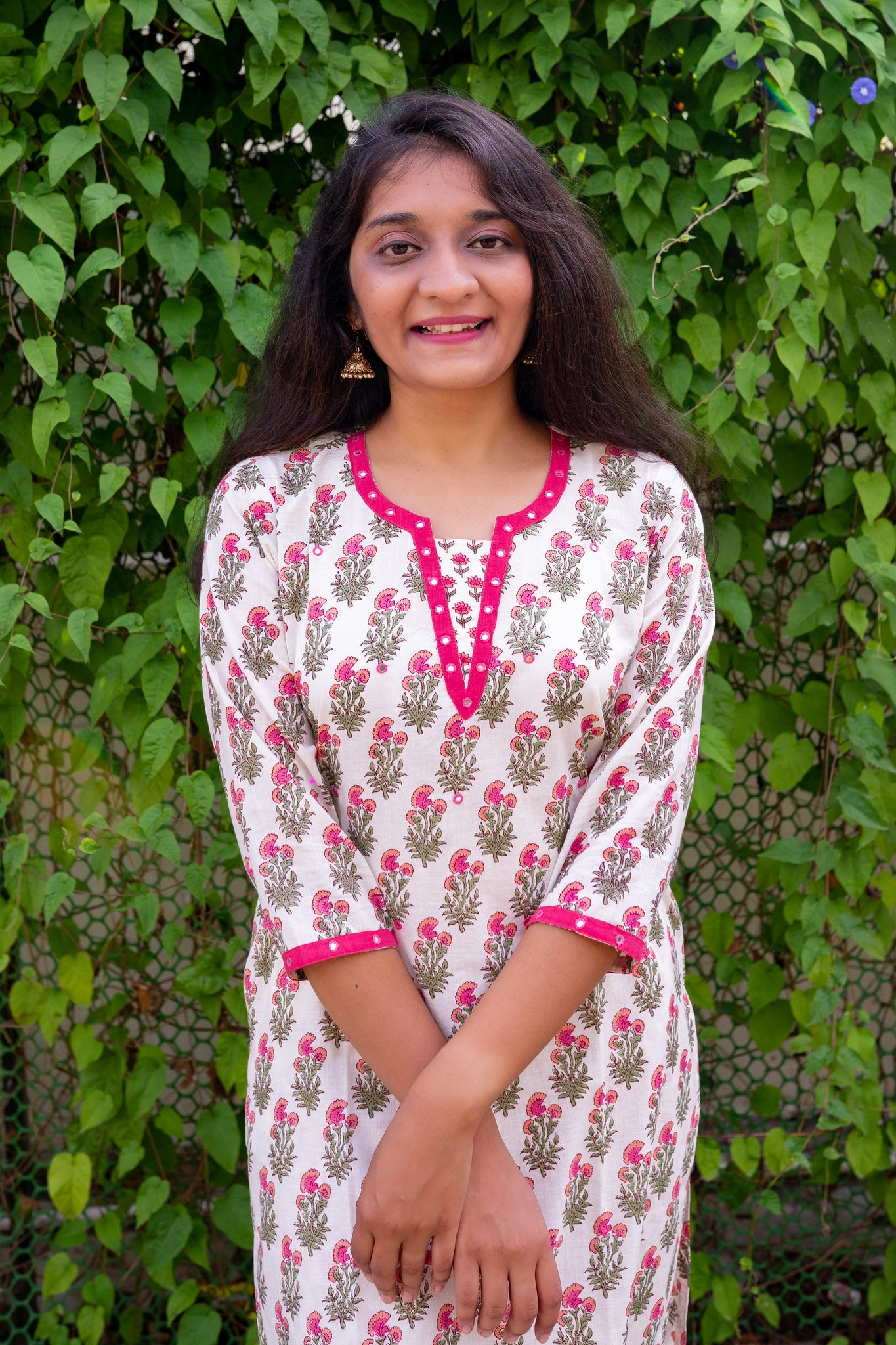 Flower Butterfly Pink Cotton Kurta and Salwar Set