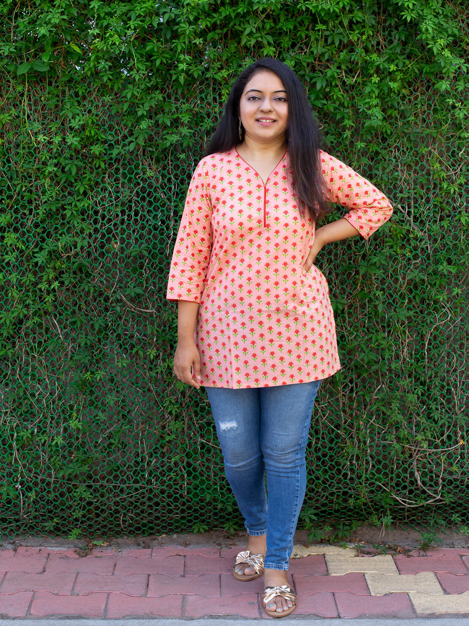 Coral Peach Floral Cotton Kurti