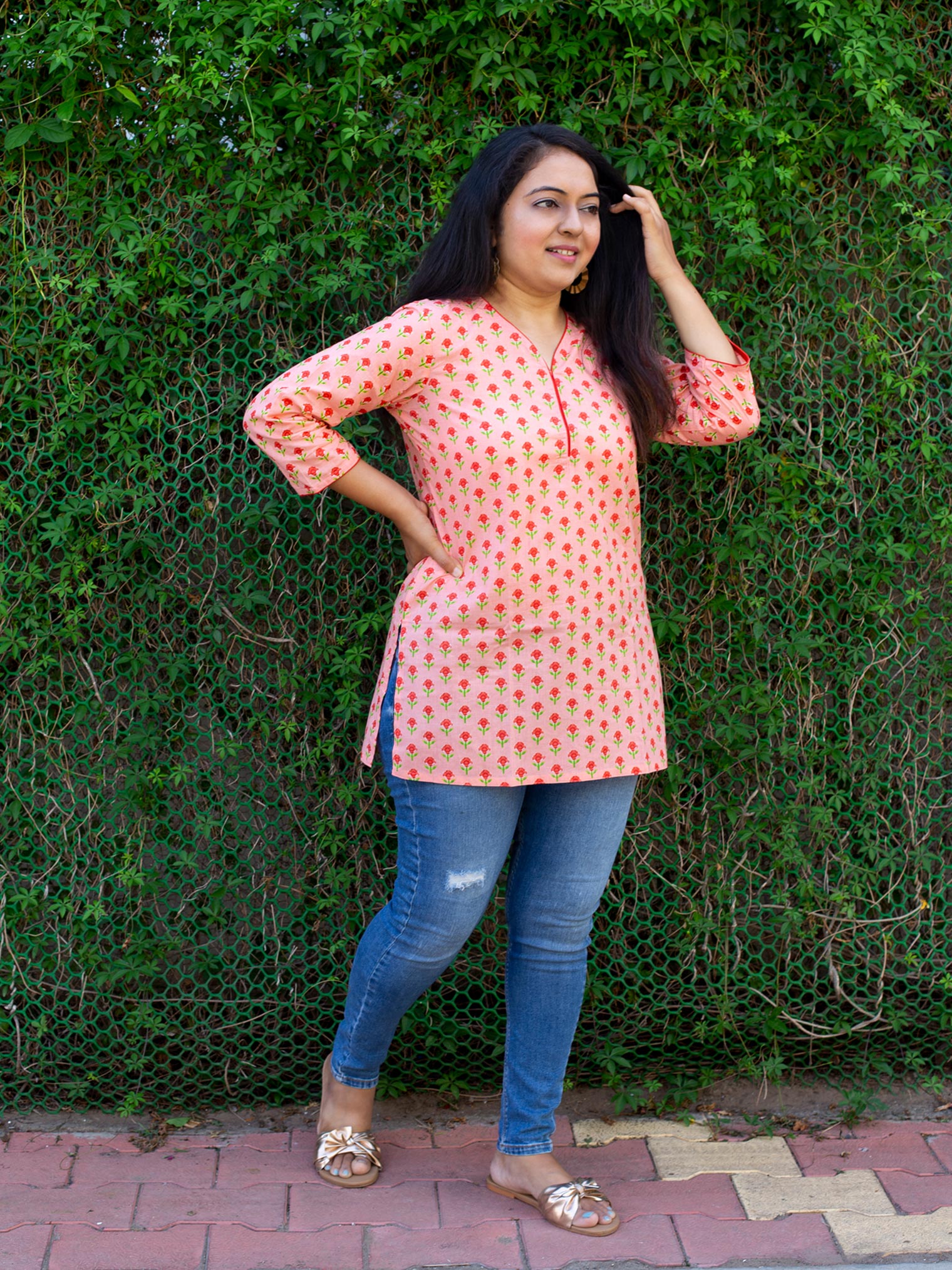 Coral Peach Floral Cotton Kurti