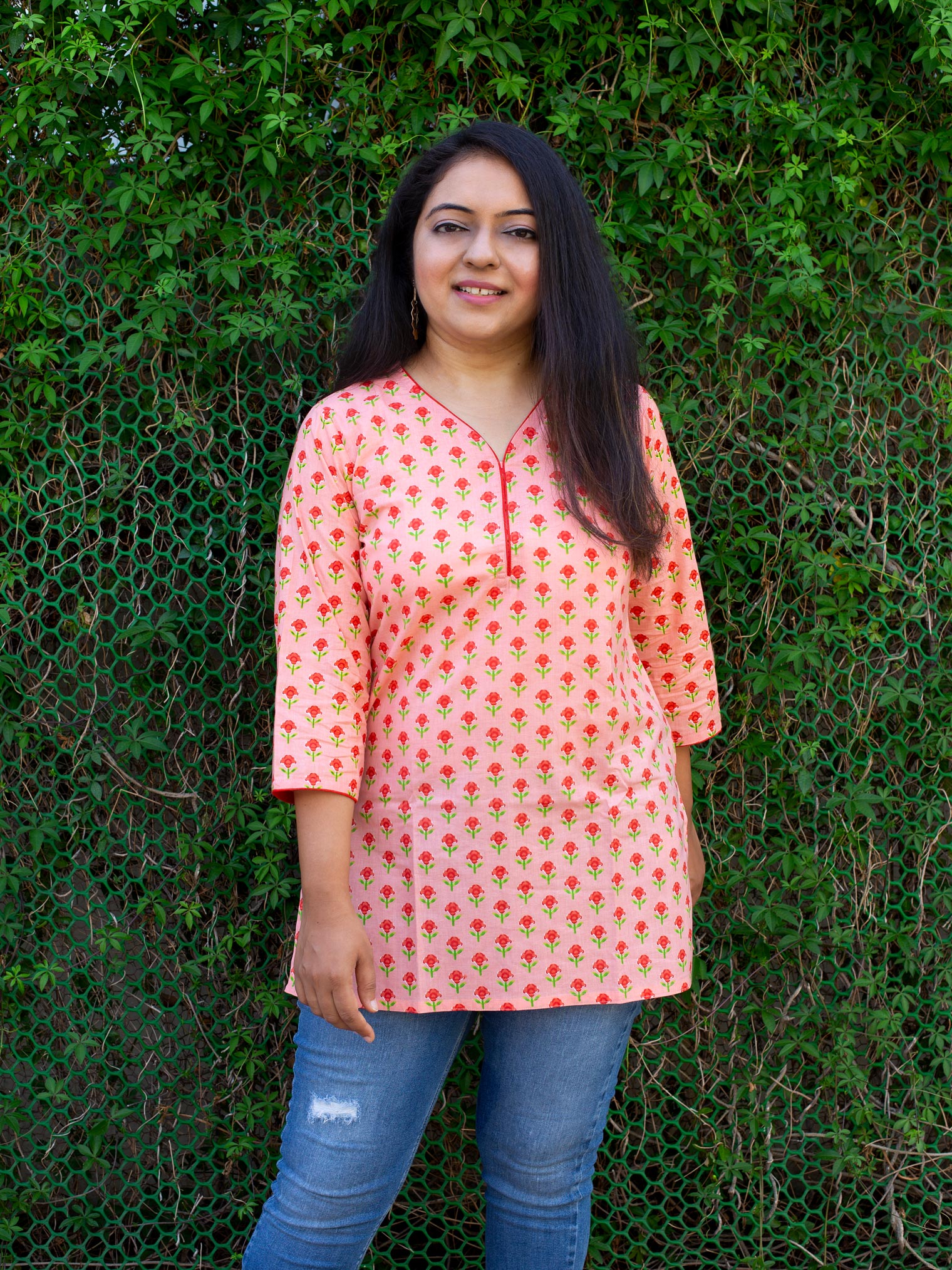 Coral Peach Floral Cotton Kurti