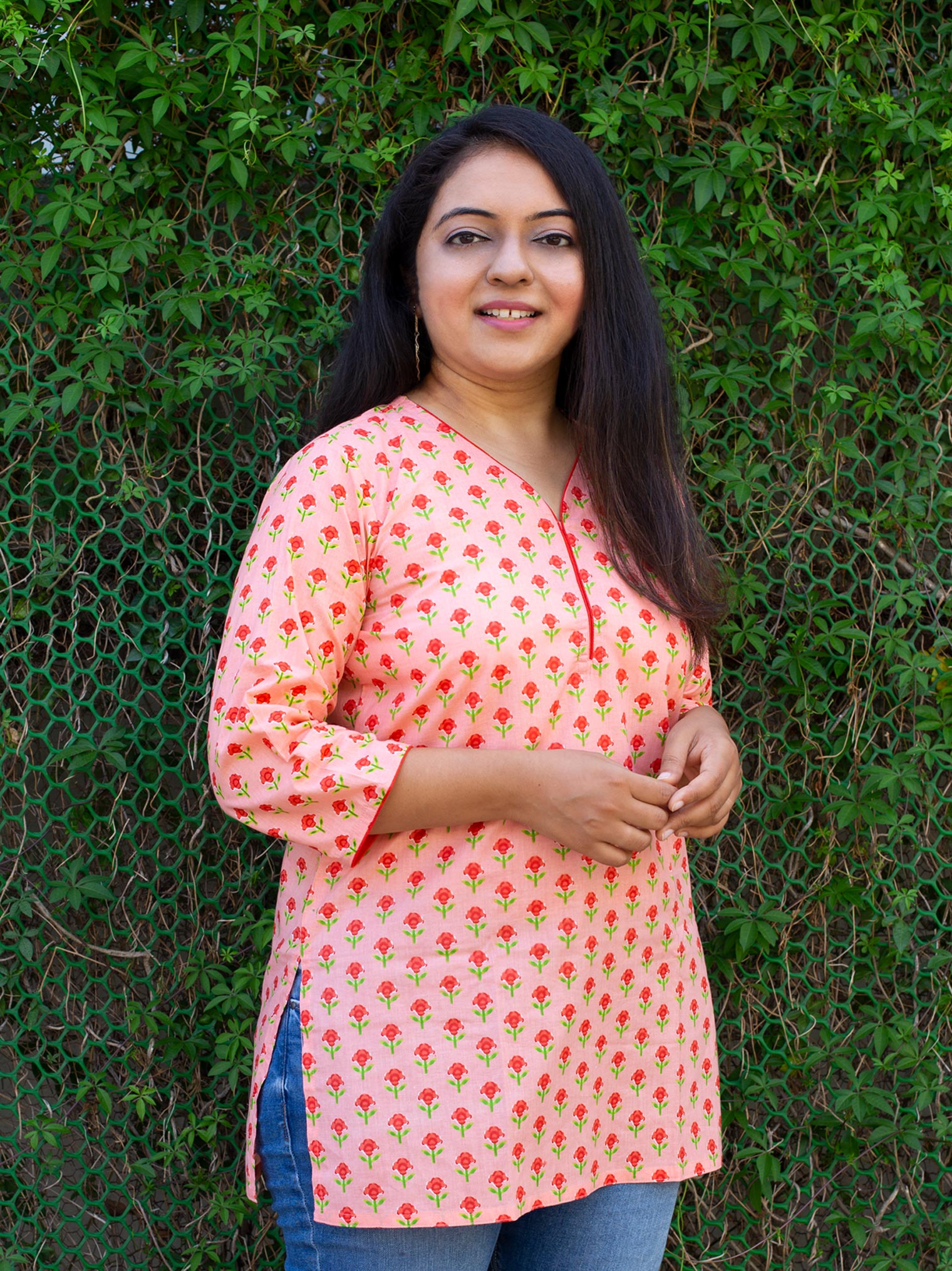 Coral Peach Floral Cotton Kurti