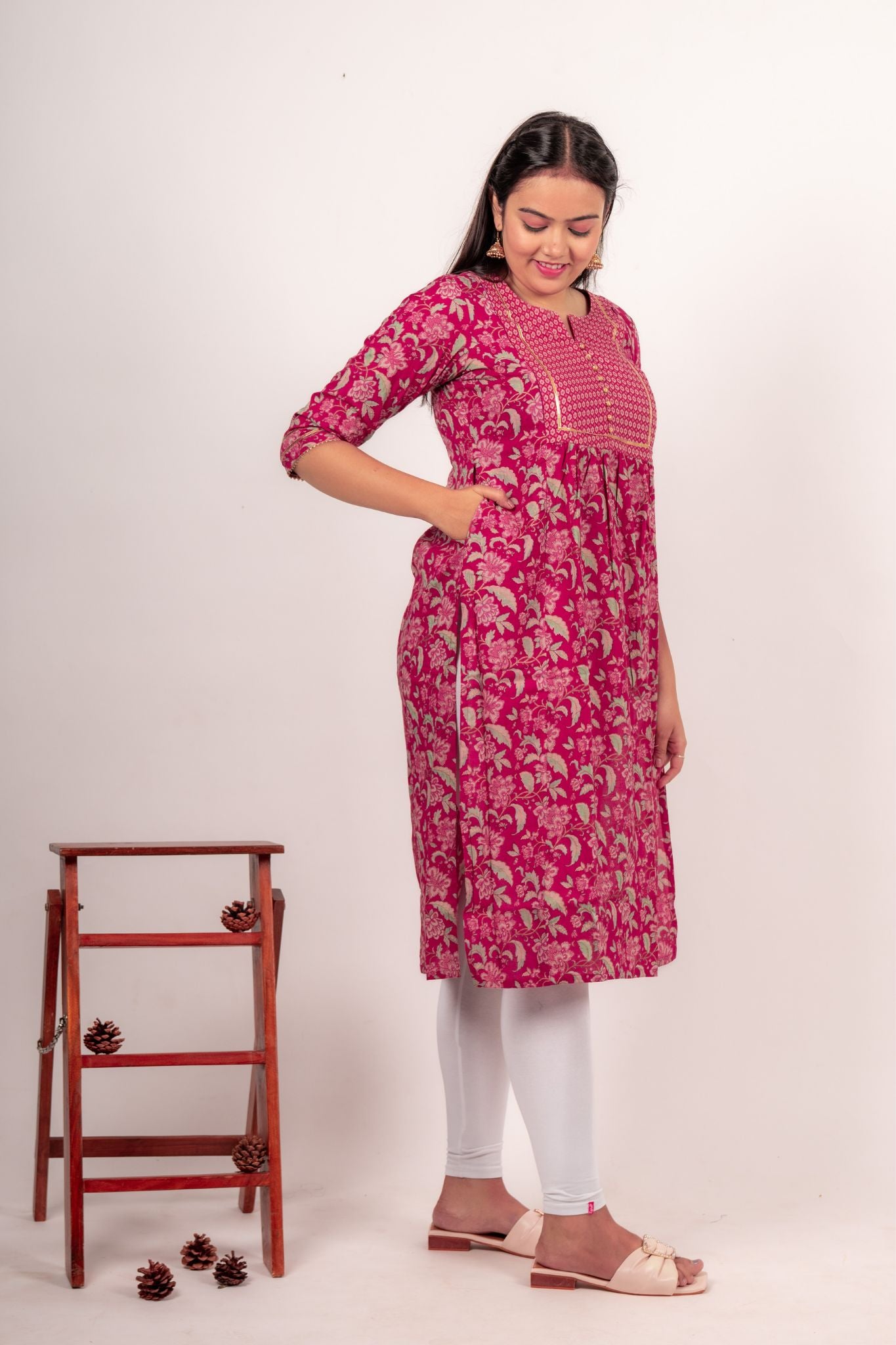 Festive cotton Dark pink floral maternity kurta with golden gota patti and potli buttons with pocket