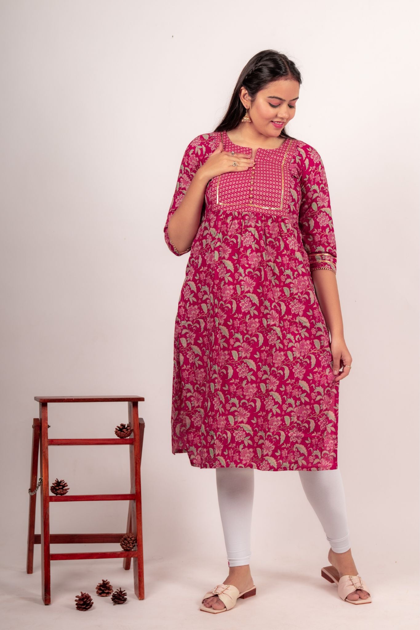 Festive cotton Dark pink floral maternity kurta with golden gota patti and potli buttons